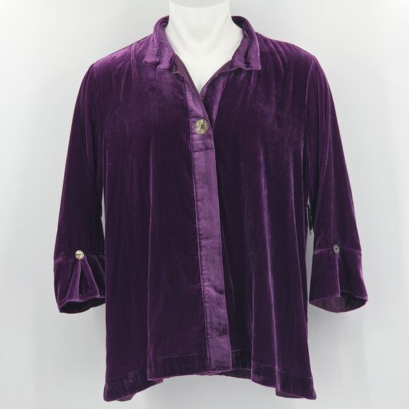 John Mark Button Up Down Shirt Womens Size S Purple Velvet Wire Collar Holiday - Picture 2 of 9